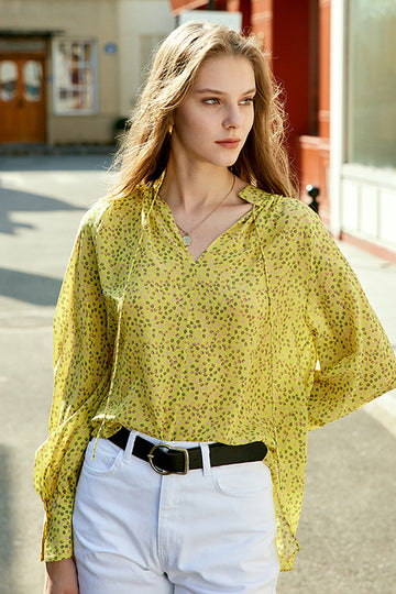 Yellow Floral Oversized Silk Women Blouse